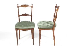 A pair of circa 1900 French button back fruitwood over stuffed boudoir chairs with fluted columns