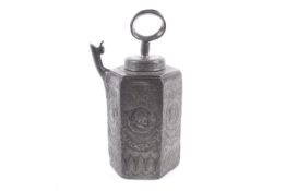A large 19th century German or Austrian pewter hexagonal section spouted pot or tea canister.