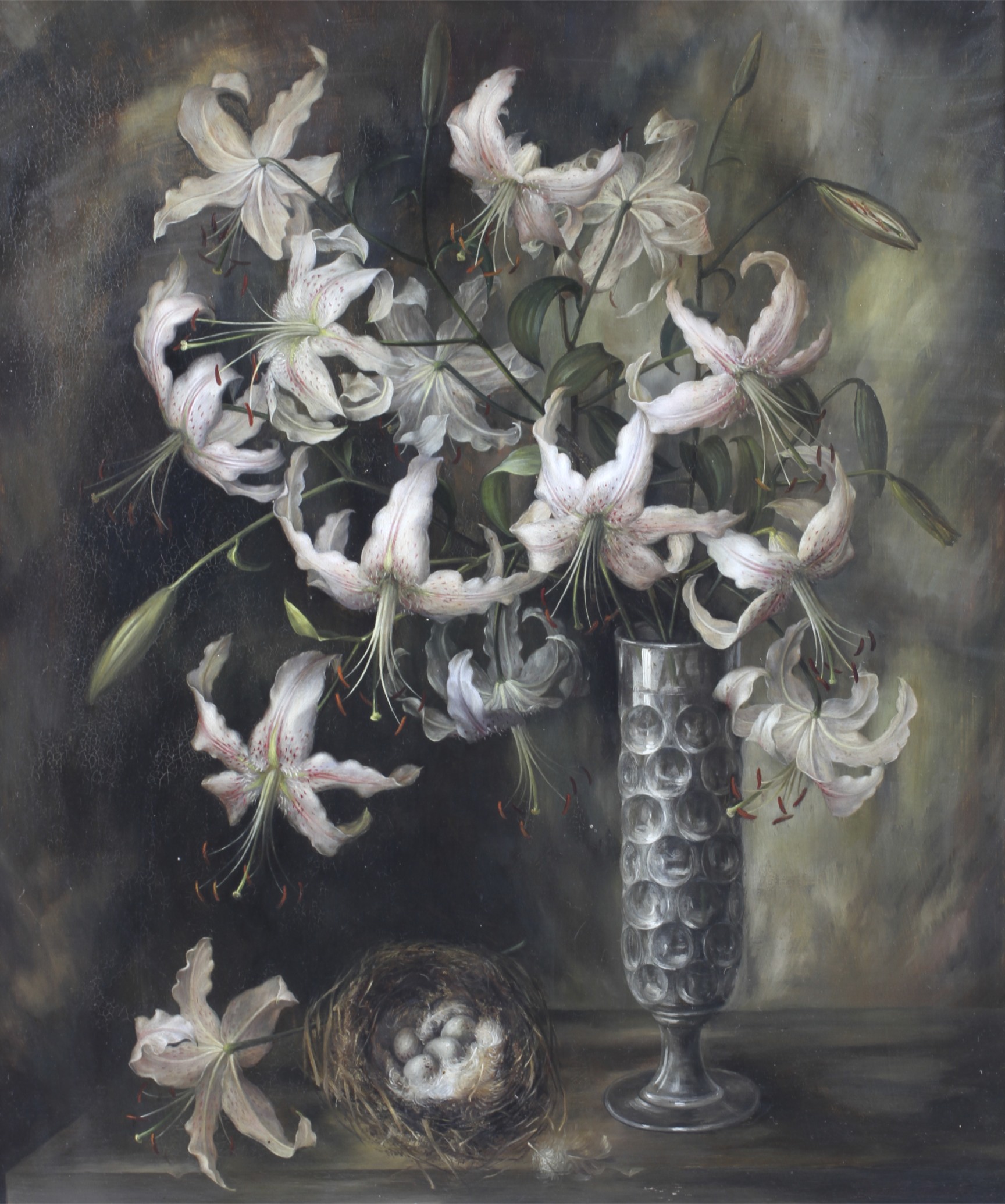Donald Brooke (20th Century), Still Life of a Vase of Lilies, oil on board. - Image 2 of 2