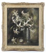 Donald Brooke (20th Century), Still Life of a Vase of Lilies, oil on board.