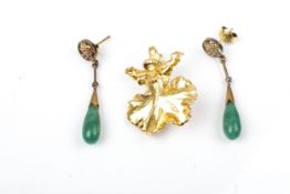 A pair of Chinese export aventurine quartz pippin drop earrings and a gold-plated orchid brooch.