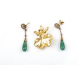 A pair of Chinese export aventurine quartz pippin drop earrings and a gold-plated orchid brooch.