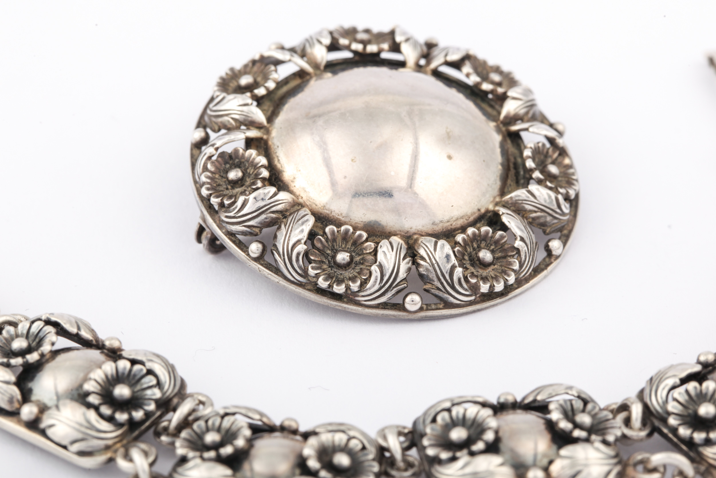 A Danish sterling floral panel bracelet and a round brooch by N E From. - Image 3 of 5