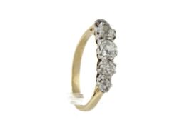 A 18ct gold and diamond five stone ring. The graduated old-cut stones approx. 1.