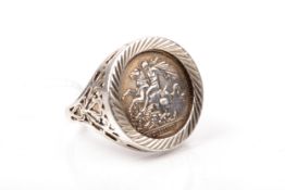 A vintage silver and 'St George' coin ring. Hallmarks for London 1993, size X, 9.