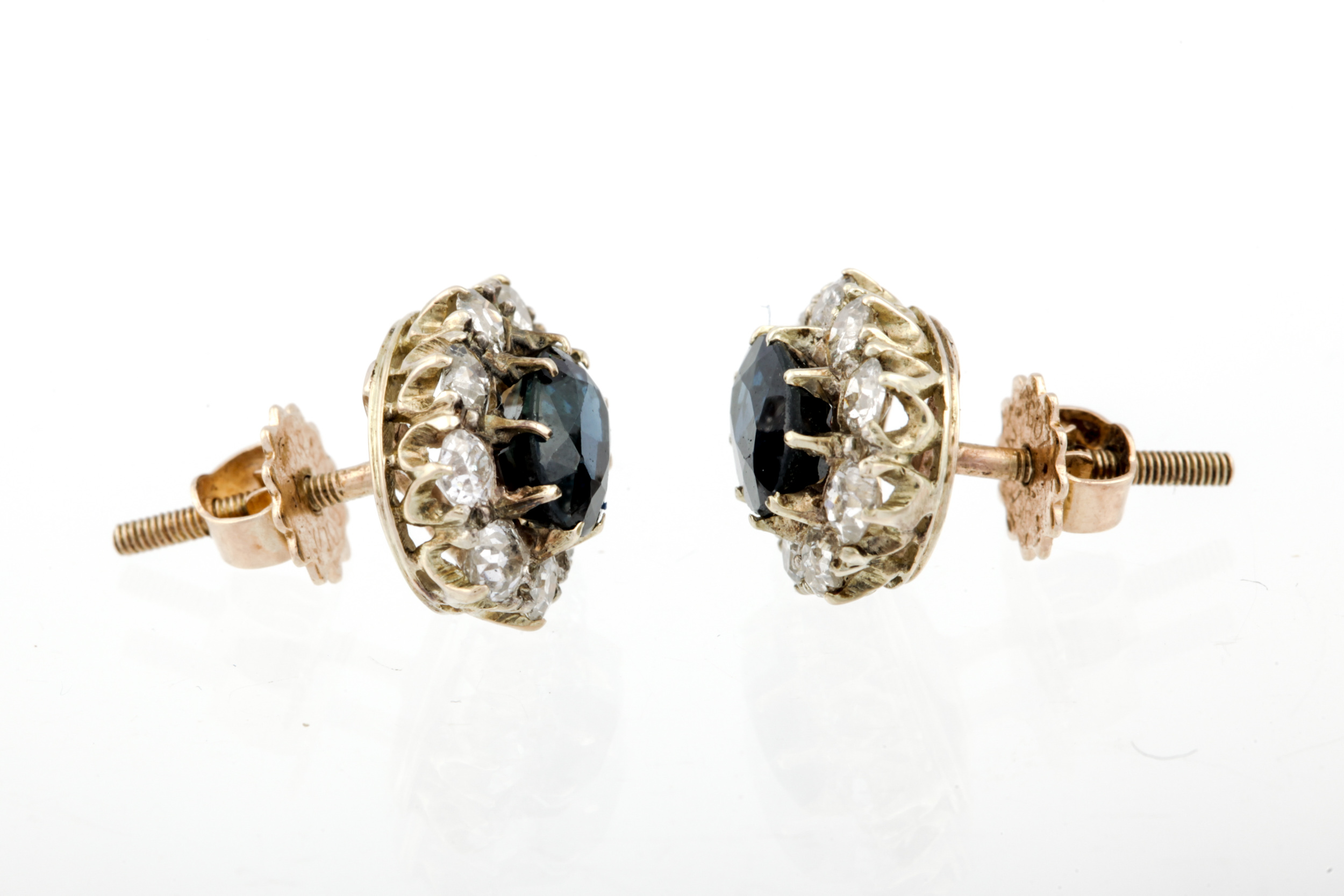 A pair of vintage gold, sapphire and diamond oval cluster stud earrings. - Image 2 of 3