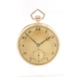 An Art Deco 9ct gold cased open face pocket watch, circa 1929.