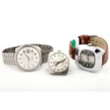 Three vintage gentleman's stainless steel tonneau or cushion-shaped wrist and bracelet watches,