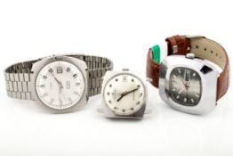 Three vintage gentleman's stainless steel tonneau or cushion-shaped wrist and bracelet watches,