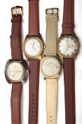 Four vintage gentleman's stainless steel and gilt, cushion and tonneau shaped wristwatches,