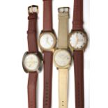 Four vintage gentleman's stainless steel and gilt, cushion and tonneau shaped wristwatches,