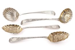 Two George III silver ladles and a pair of William IV Scottish 'berry' spoons.