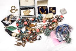 A collection of hardstone bead necklaces and costume jewellery.