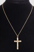 An early 20th century gold and cultured-pearl cross and chain,