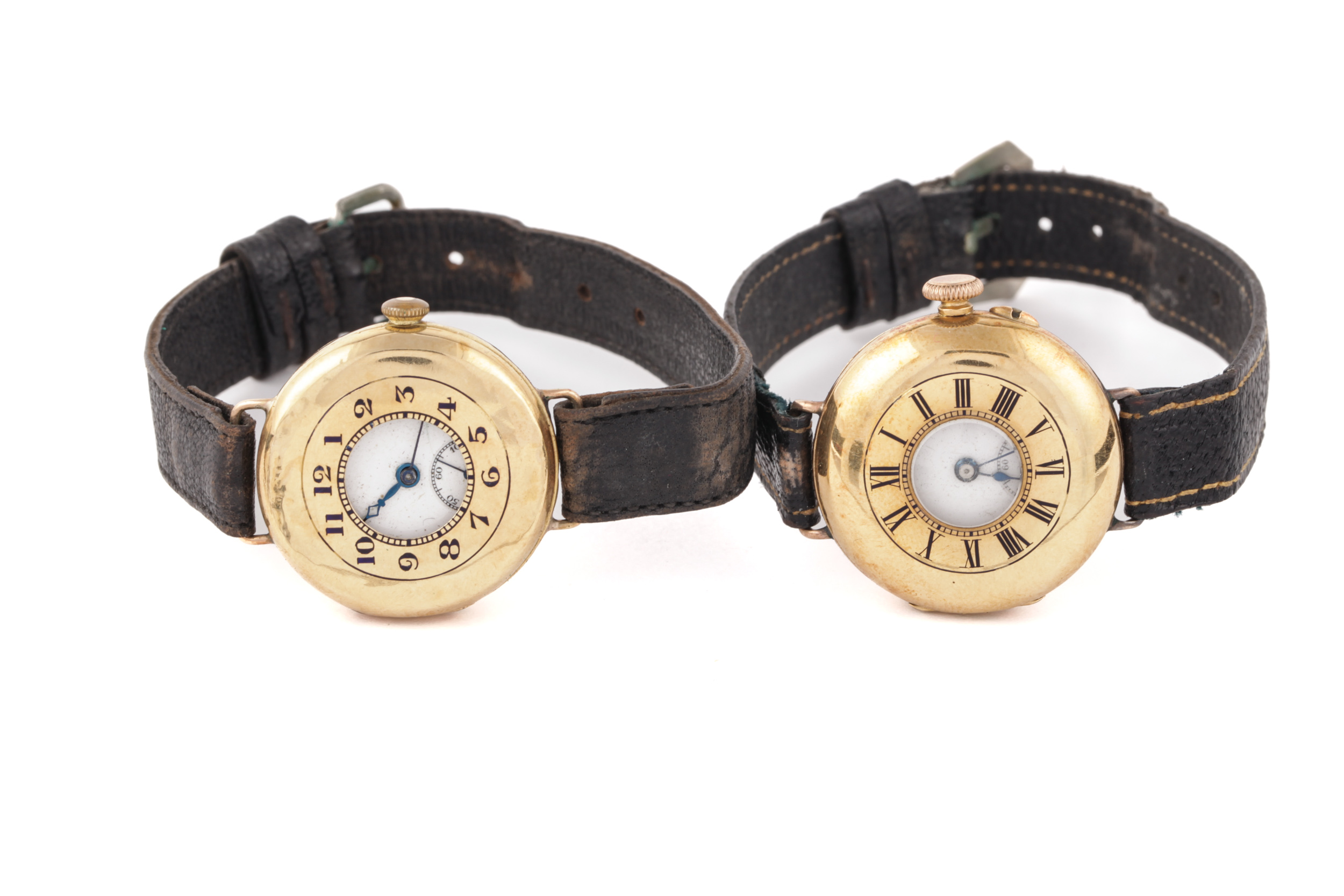 Two early 20th century 18ct gold half-hunter cased wristwatches, circa 1925.