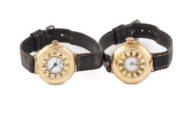 Two early 20th century 18ct gold half-hunter cased wristwatches, circa 1925.