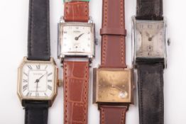 Four vintage gentleman's square or rectangular wristwatches.