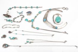 A turquoise and peridot necklace and a collection of turquoise and other hardstone jewellery and