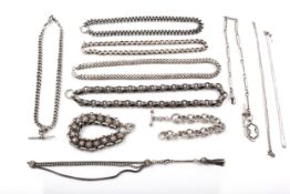 A collection of Victorian and later silver and white metal necklaces.