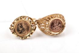 Two vintage Austrian gold and 'coin' set signet rings; Comprising;