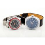Two vintage gentleman's stainless steel wristwatches in 1970s style.