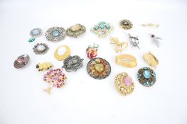 A collection of twenty one assorted vintage brooches. Including Scottish hardstone, etc.