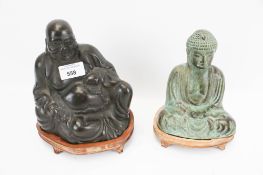 A cast patinated bronze of the laughing Buddha together with another Verdigris Buddha both on