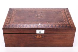 A Victorian rosewood and marquetry writing slope. With a pink velvet inset slope.