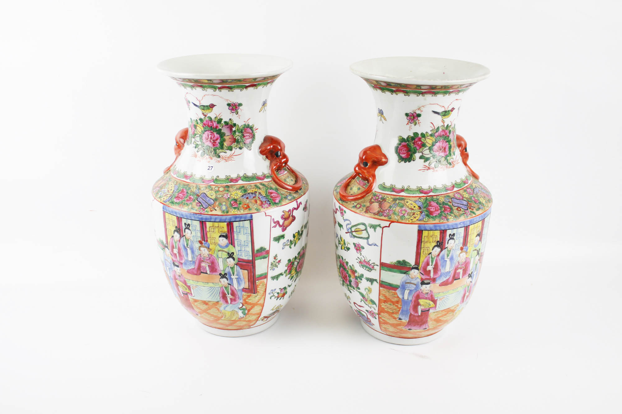 Pair of Chinese republic porcelain vases. With polychrome enamel decoration of figures and flowers.