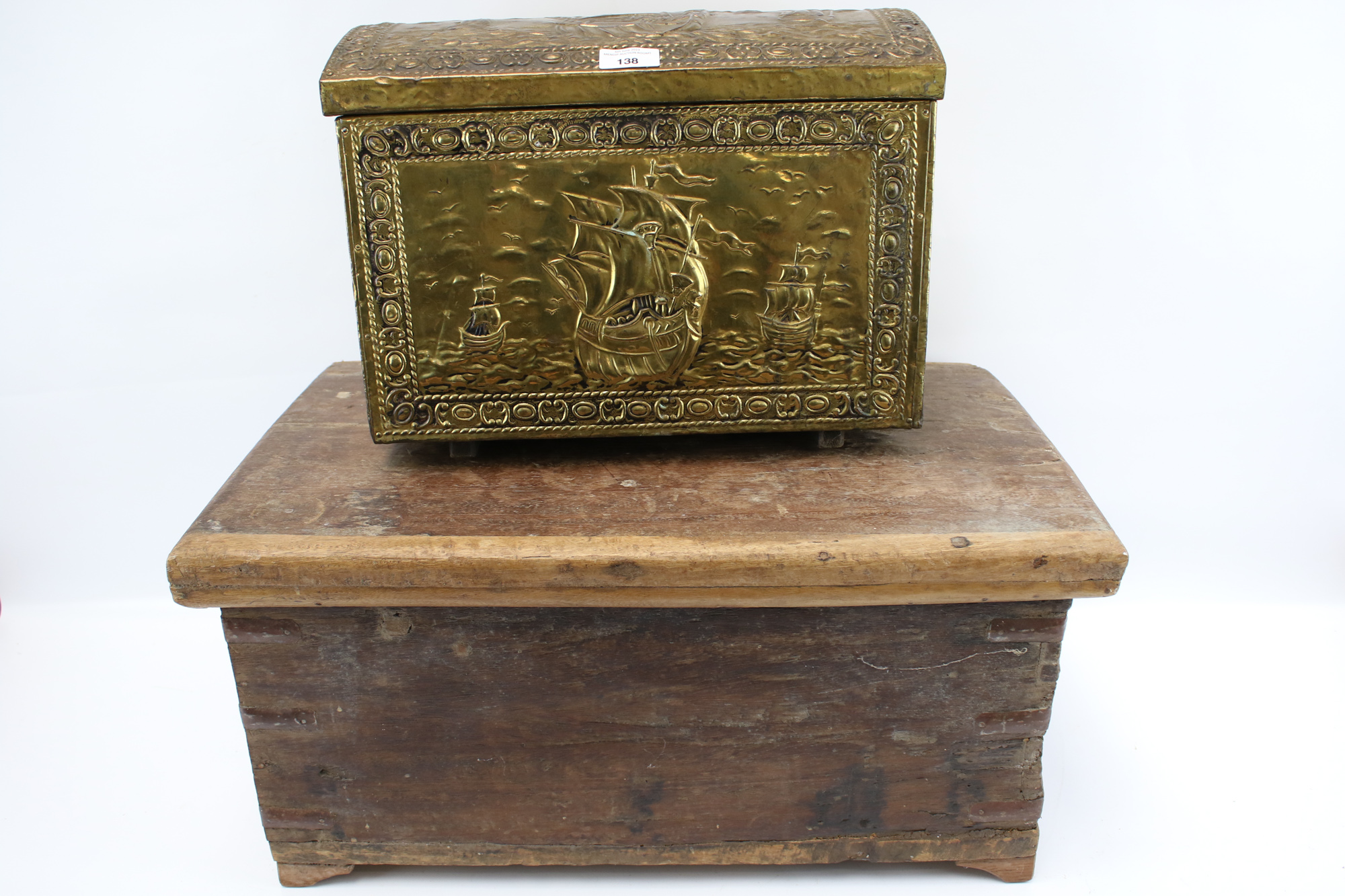 A vintage wooden trunk and a brass covered coal box. Max.