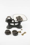Set of 'J Ball' cast metal vintage kitchen scales and weights.