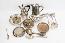 A group of assorted silver plated items. Including wine bottle coasters, sauce boat etc. Max.