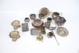 A collection of silver and plated items. Including a silver beaded oblong pin tray.