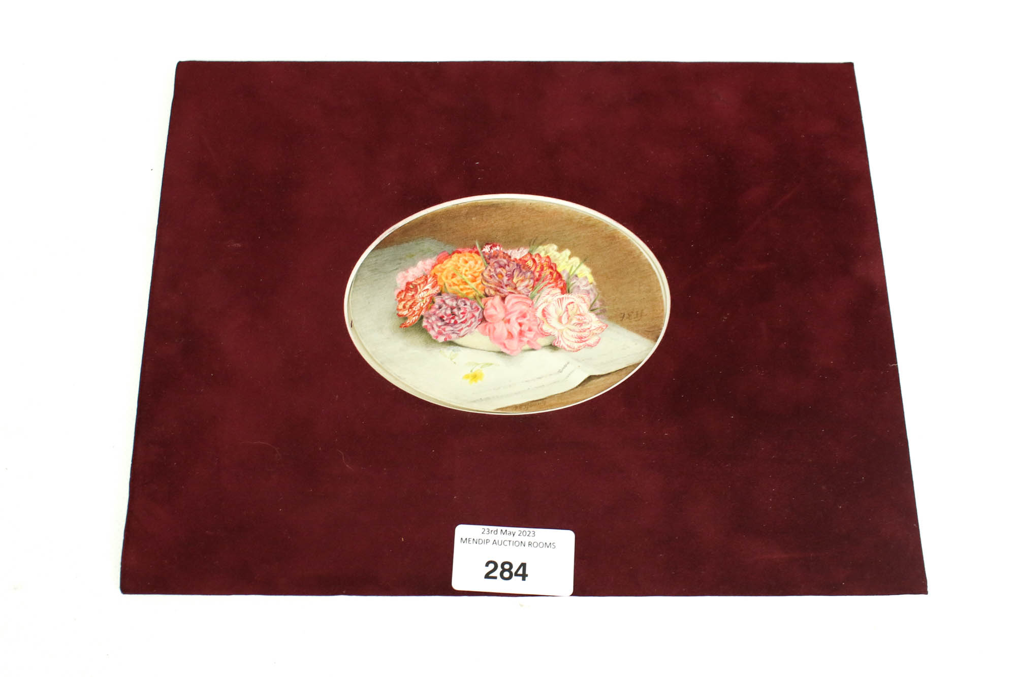 Elizabeth Youngman, a watercolour of a still life of a bowl of flowers on a tablecloth.