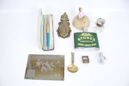 A group of collectables including a Victorian paper tidy, hip flask and parker pen, etc.