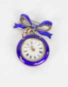 A lady's silver and blue enamel fob watch,