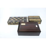 Two wooden boxes and a Chinese chinoserie decorated chess and backgammon board.