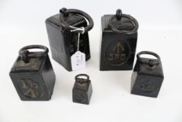 A set of five assorted vintage GPO ring weights. With board arrow mark, 8lb, 7lb, 4lb, 2lb and 0.