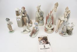 A collection of nine assorted Lladro and Nao porcelain figures.