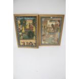 A pair of large framed 20th century Indian paintings on silk in the Mughal style.