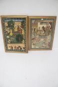 A pair of large framed 20th century Indian paintings on silk in the Mughal style.