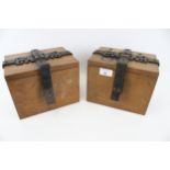 A pair of wall mounted oak church collection boxes. With wrought iron clasp, L20cm x D15cm x H15.