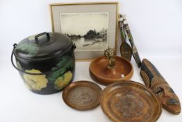 A group of mixed wooden and metal items.