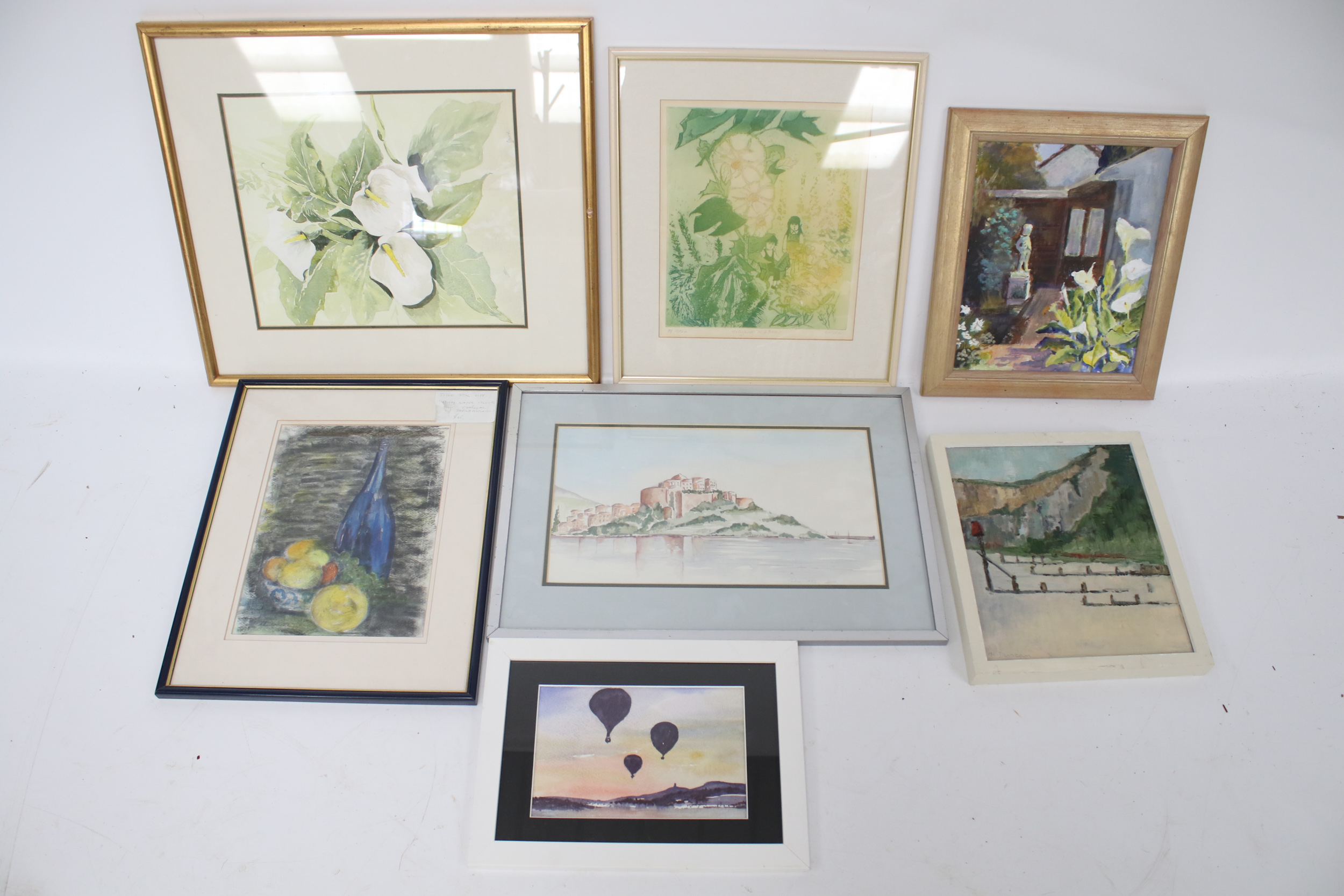 A collection of seven assorted framed pictures. Painting and prints, max.