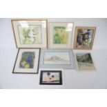 A collection of seven assorted framed pictures. Painting and prints, max.