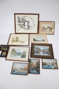 Twelve assorted watercolours and oil paintings of street scenes, landscapes and figures.