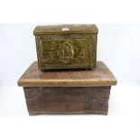 A vintage wooden trunk and a brass covered coal box. Max.