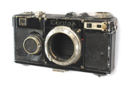 A Zeiss Ikon Contax I 35mm rangefinder camera body, black.