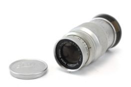A Leica Leitz 90mm f4 Elmar LTM lens, chrome. Serial Number 1337414.