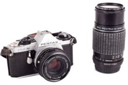 A Pentax ME Super 35mm SLR camera. With a 50mm f1.7 Pentax-M lens and a 75-150mm f4 Pentax-M lens.